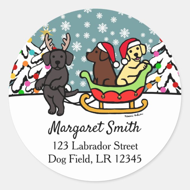 Sticker Rond Labrador Puppies Sleigh Christmas Retours Adresse (Devant)
