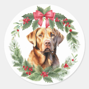 Sticker Rond Labrador Retriever Chien Red Bow Holly Wreath