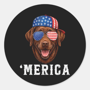 Sticker Rond Labrador Retriever Chocolat Patriotique Drapeau Us