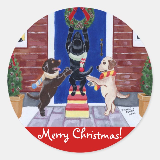 Sticker Rond Labrador Retriever Christmas Fun (Devant)
