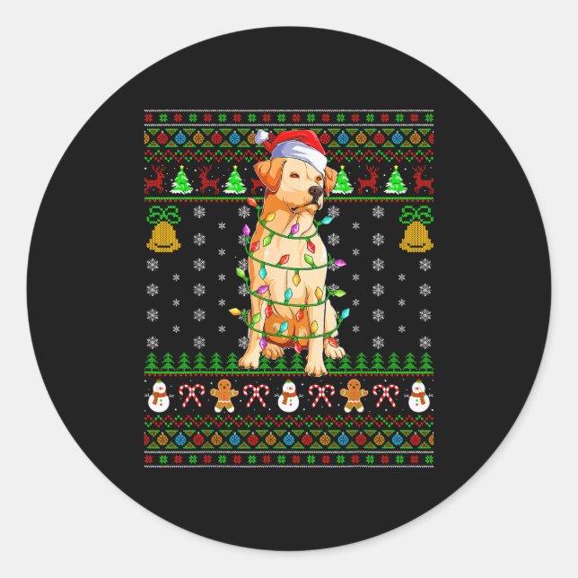 Sticker Rond Labrador Retriever Dog Christmas Lights Ugly Sweat (Devant)