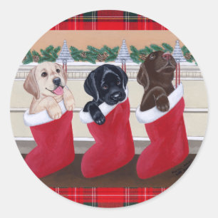 Sticker Rond Labrador Retriever Puppies peinture de Noël