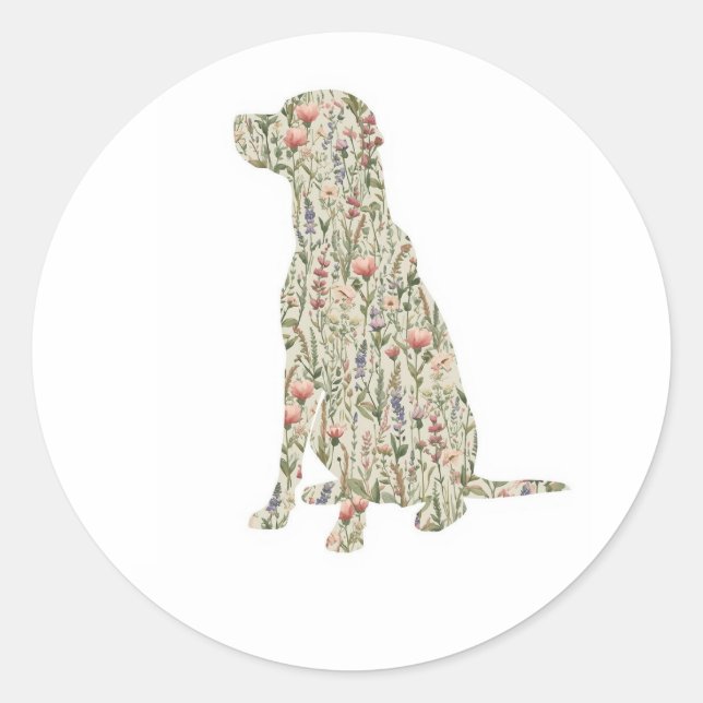 Sticker Rond Labrador Retriever Wildflower Silhouette Botanical (Devant)