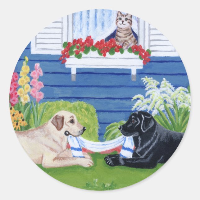 Sticker Rond Labradors dans la peinture du jardin (Devant)