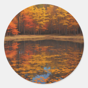 Sticker Rond Lac d'automne et forêt