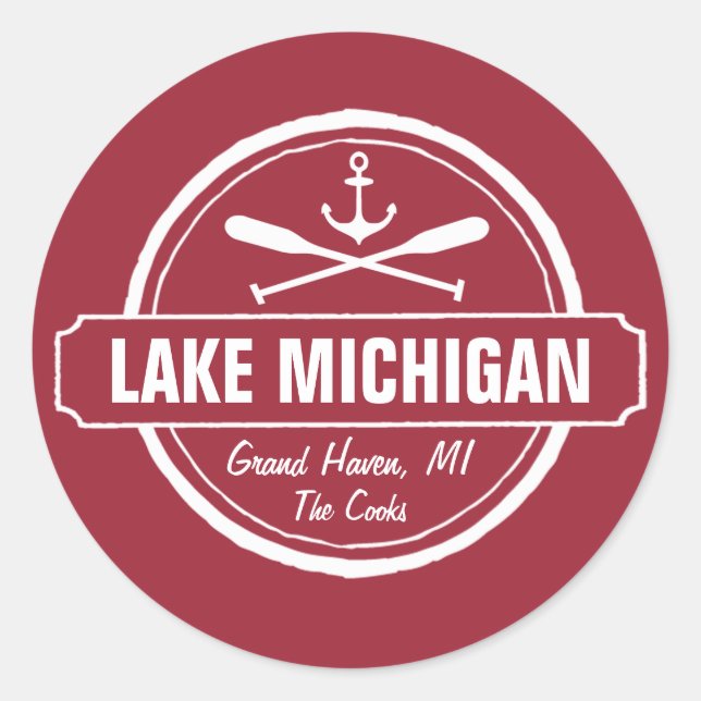 Sticker Rond Lac Michigan, ville personnalisée, nom, ancre, pag (Devant)
