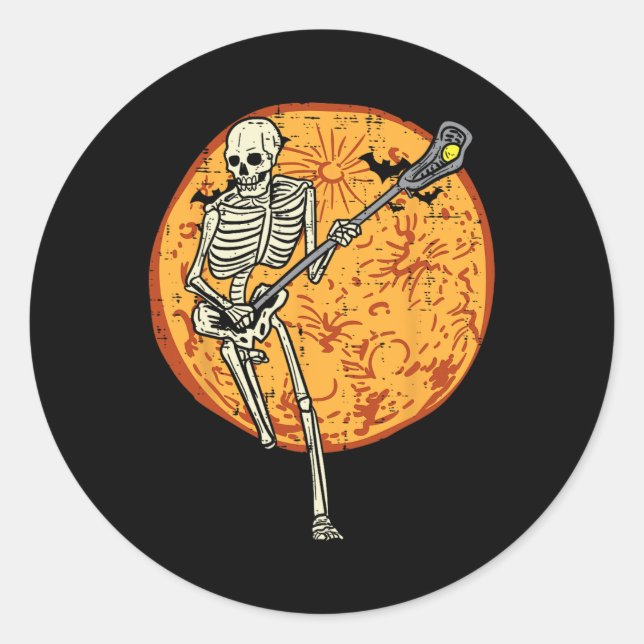 Sticker Rond Lacrosse Squelette Pleine lune Sports Halloween Ho (Devant)