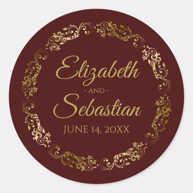 Sticker Rond Lacy Gold Filigree Elegant Auburn Brown Mariage (Devant)