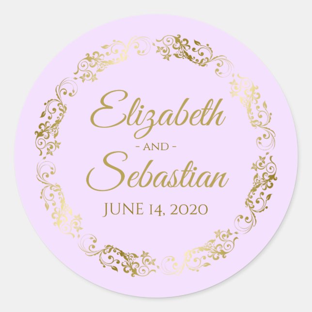 Sticker Rond Lacy Gold Filigree Elegant Lilac Purple Mariage (Devant)