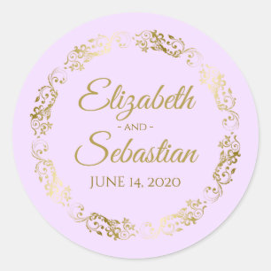 Sticker Rond Lacy Gold Filigree Elegant Lilac Purple Mariage