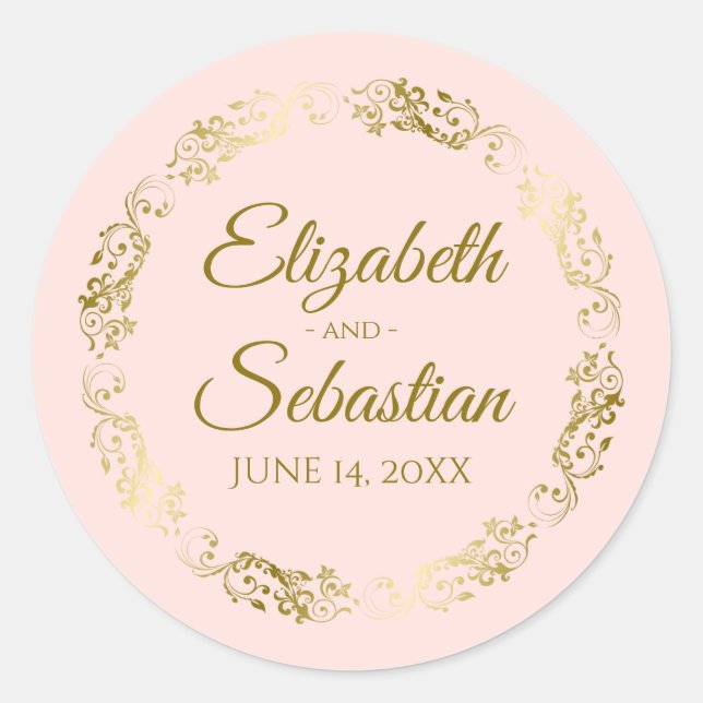Sticker Rond Lacy Gold Filigree Élégant Mariage rose pâle (Devant)