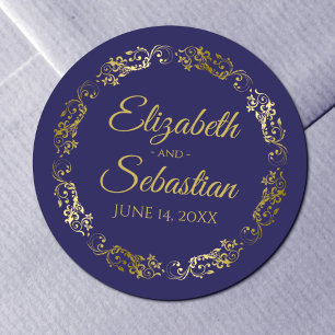 Sticker Rond Lacy Gold Filigree Elégant Marine Blue Wedding Fav