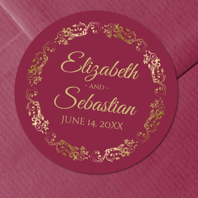 Sticker Rond Lacy Gold Filigree Elegant Maroon Mariage Bourgogn (Créateur téléchargé)