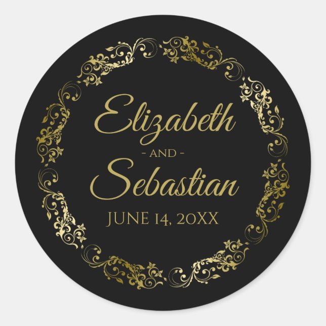 Sticker Rond Lacy Gold Filigree Elégant Noir Mariage Faveur (Devant)
