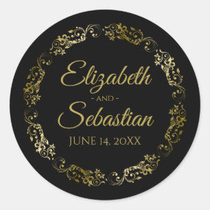 Sticker Rond Lacy Gold Filigree Elégant Noir Mariage Faveur