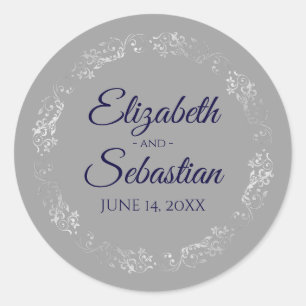 Sticker Rond Lacy Silver Filigree Elegance Navy sur Grey Mariag