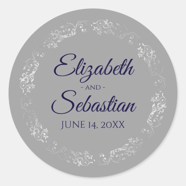 Sticker Rond Lacy Silver Filigree Elegance Navy sur Grey Mariag (Devant)
