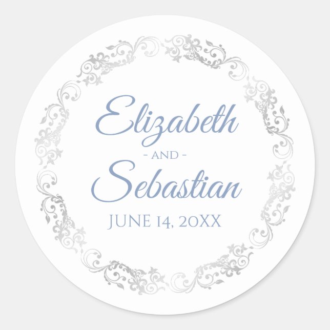 Sticker Rond Lacy Silver Filigree Elegant Bleu sur Mariage blan (Devant)