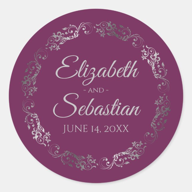 Sticker Rond Lacy Silver Filigree Elegant Cassis Purple Mariage (Devant)