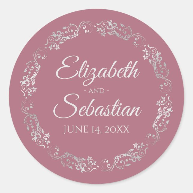 Sticker Rond Lacy Silver Filigree Elegant Dusty Rose Mariage (Devant)