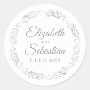 Sticker Rond Lacy Silver Filigree Elegant Grey sur Mariage blan