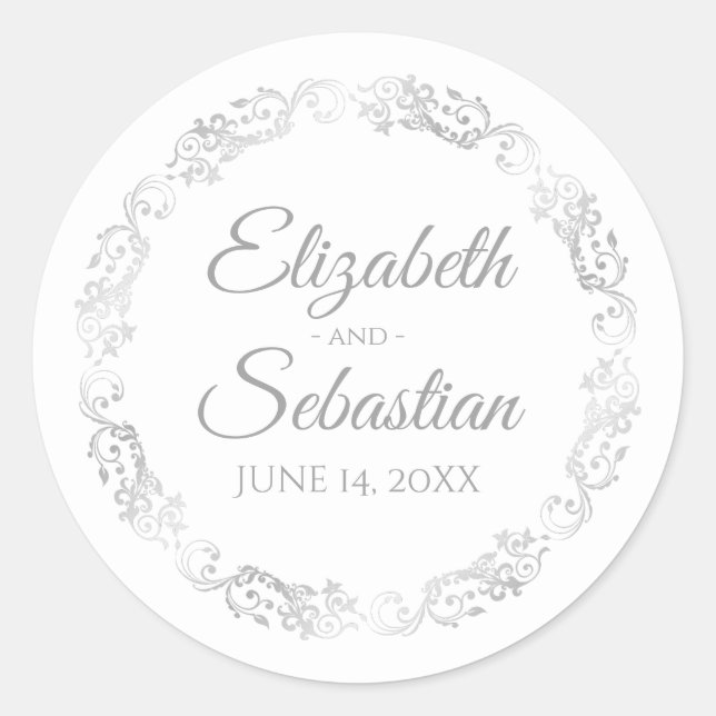 Sticker Rond Lacy Silver Filigree Elegant Grey sur Mariage blan (Devant)