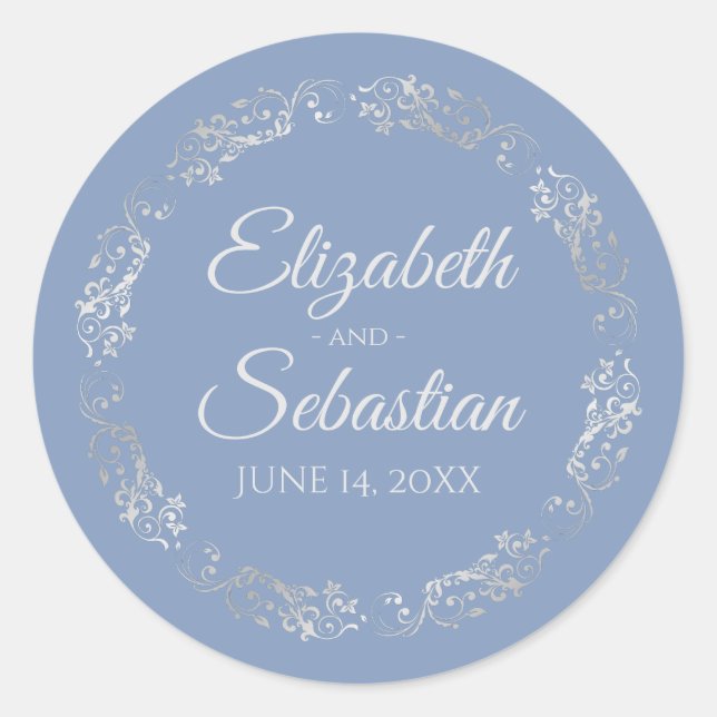 Sticker Rond Lacy Silver Filigree Élégant Mariage bleu clair (Devant)