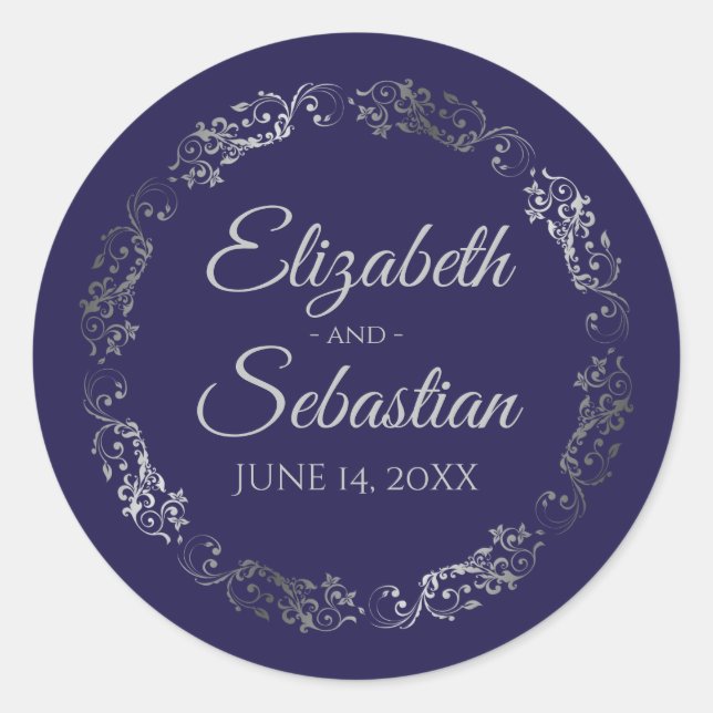 Sticker Rond Lacy Silver Filigree Elégant Mariage bleu marine (Devant)