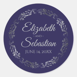 Sticker Rond Lacy Silver Filigree Elégant Mariage bleu marine