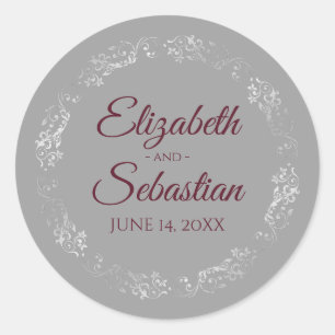 Sticker Rond Lacy Silver Filigree Elégant Mariage Burgundy Grey
