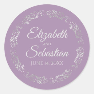 Sticker Rond Lacy Silver Filigree Élégant Mariage Lavender