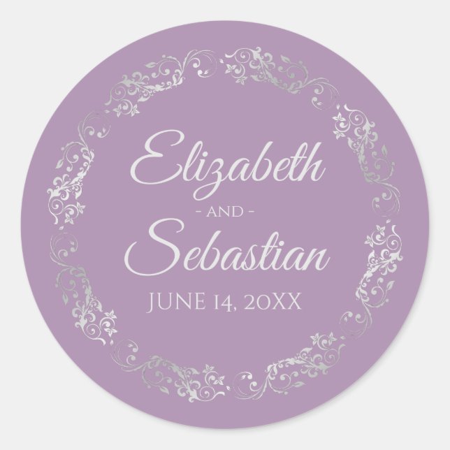 Sticker Rond Lacy Silver Filigree Élégant Mariage Lavender (Devant)