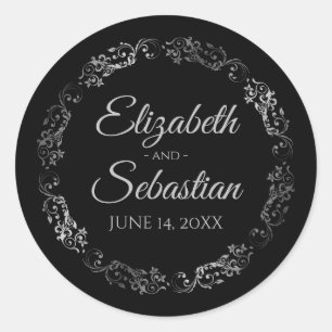 Sticker Rond Lacy Silver Filigree Élégant Mariage noir