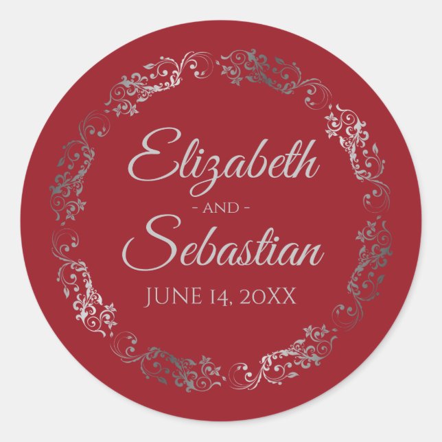 Sticker Rond Lacy Silver Filigree Élégant Mariage rouge (Devant)