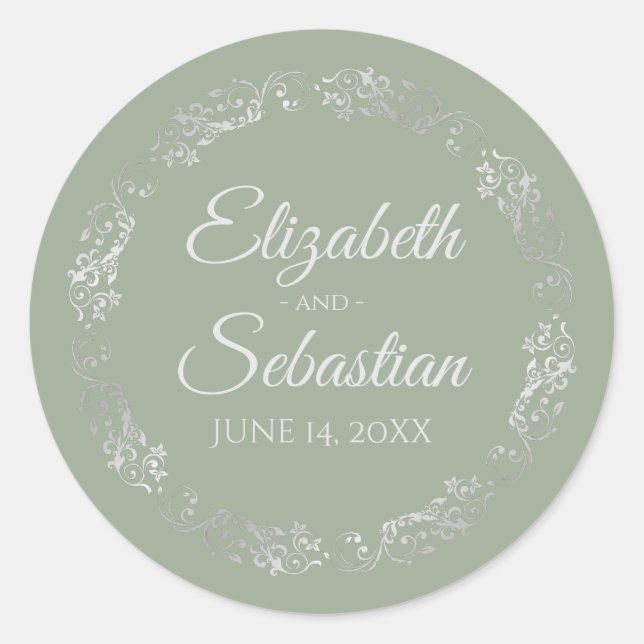 Sticker Rond Lacy Silver Filigree Élégant Mariage Vert Sage (Devant)