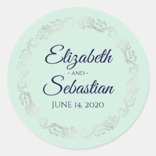 Sticker Rond Lacy Silver Filigree Elegant Navy sur Mint Mariage