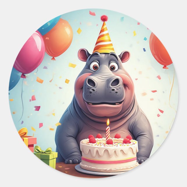 Sticker Rond L'adorable hippo fête l'anniversaire avec du gâtea (Devant)
