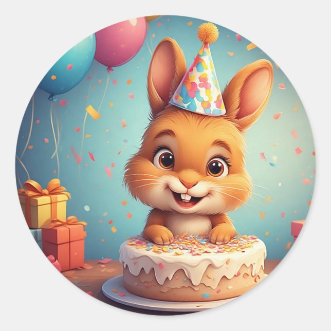 Sticker Rond L'adorable lapin fête l'anniversaire avec du gâtea (Devant)