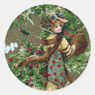 Sticker Rond Lady and Holly Berries Vintage Christmas
