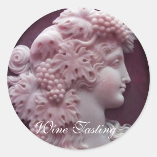 STICKER ROND LADY DE VIN ROUGE ANTIQUE, RAISINS ET GRAPEVINES