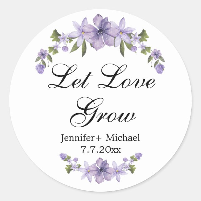 Sticker Rond laisser l'amour grandir aquarelle fleurs violet ma (Devant)
