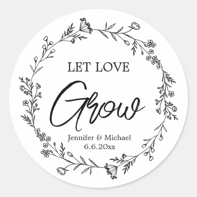 Sticker Rond laisser l'amour grandir noir&blanc mariage botaniq (Devant)