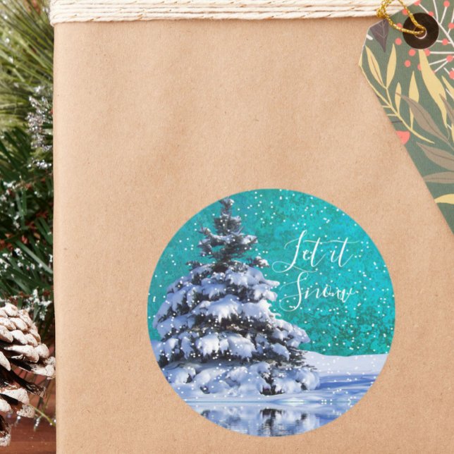 Sticker Rond Laisser neiger hiver arbre turquoise bleu blanc (Créateur téléchargé)