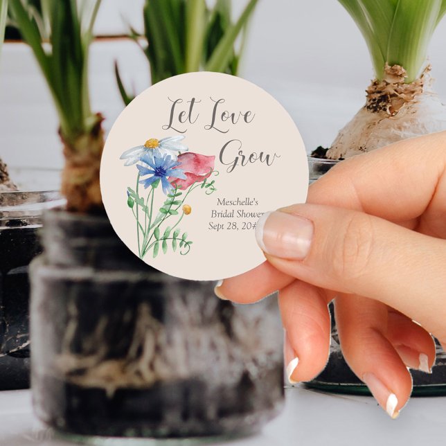 Sticker Rond Laissez l'amour grandir Charme de fleur sauvage Sh (Let Love Grow bridal shower sticker from my Wildflower Charm collection)
