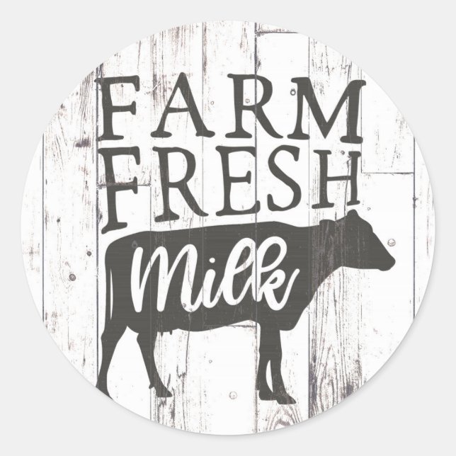 Sticker Rond Lait de ferme frais vache blanche bois campagne fe (Devant)