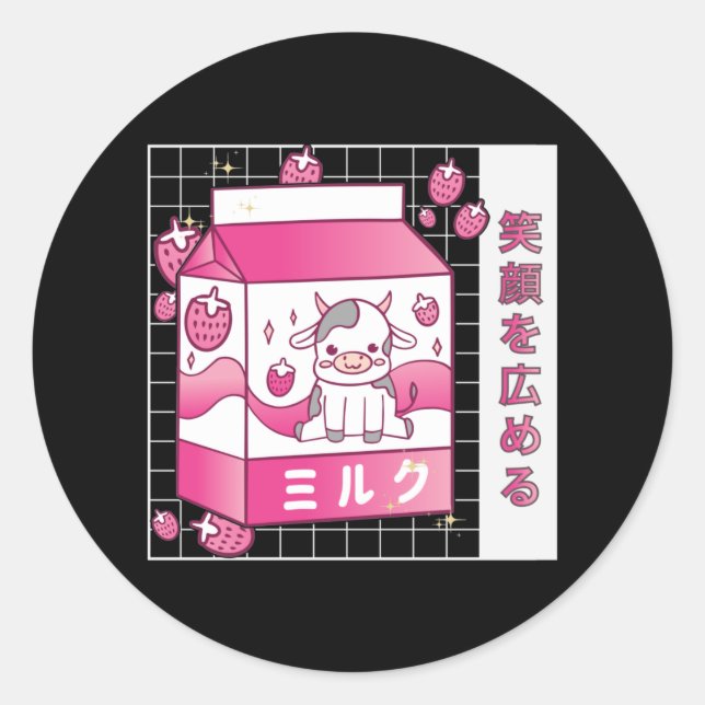 Sticker Rond Lait de fraise nippon Carton Vache mignonne (Devant)
