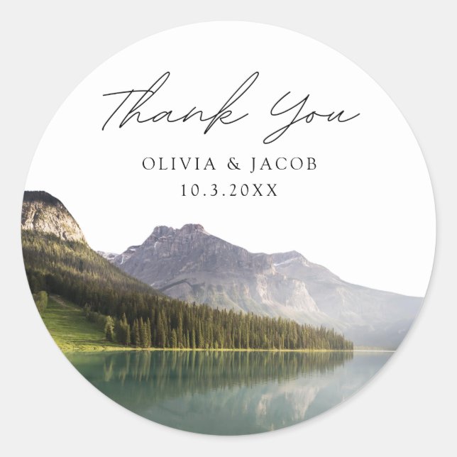 Sticker Rond Lake Placid Wedding Favor Photo Merci (Devant)