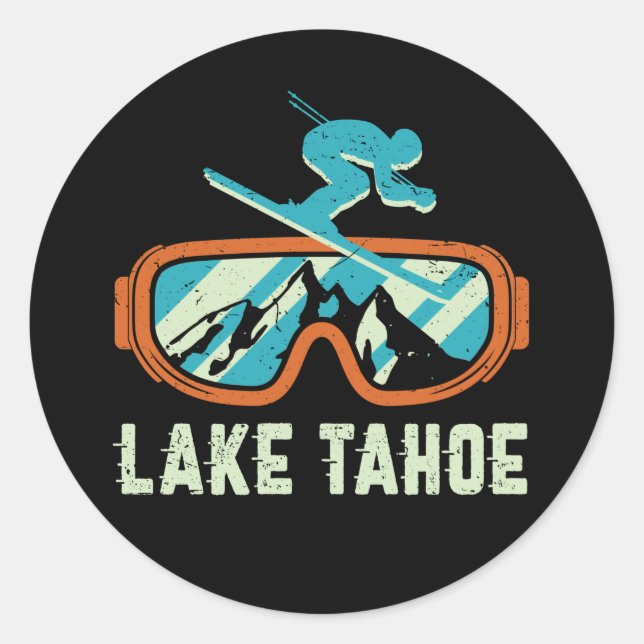 Sticker Rond Lake Tahoe California Retro Skiing Snowboarding (Devant)