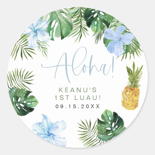 Sticker Rond LALANI Tropical Blue Hibiscus Luau 1er anniversair (Devant)