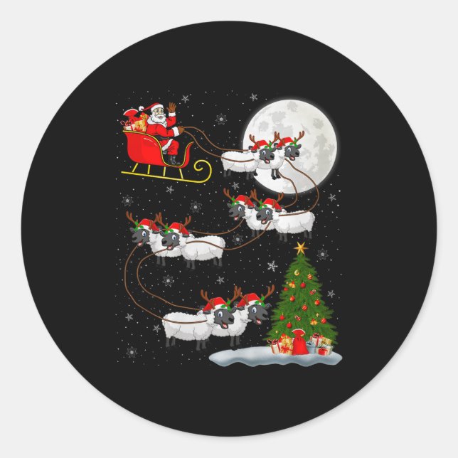 Sticker Rond Lambs Sheep Santa Sleigh Flying Funny Magical Chri (Devant)